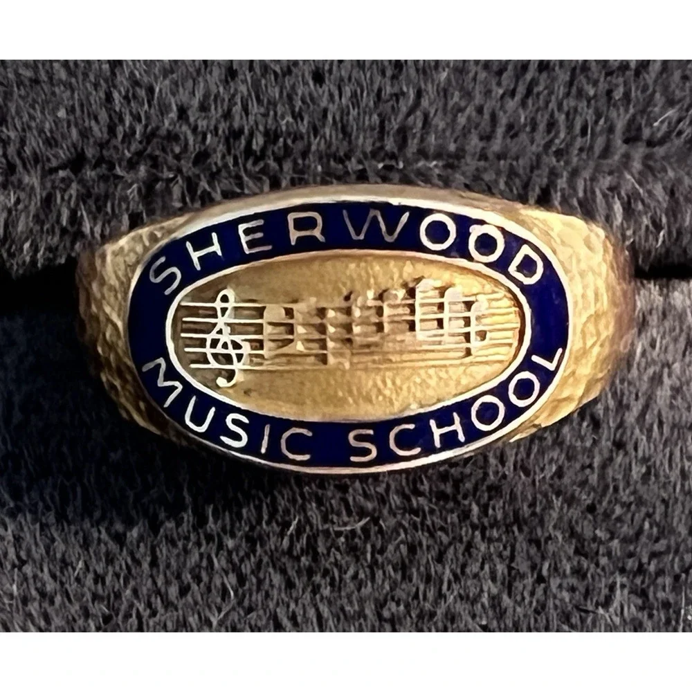 BEAUTIFUL Antique Stamped Chas Klein 10K Gold Sherwood Music School Enamel Ring